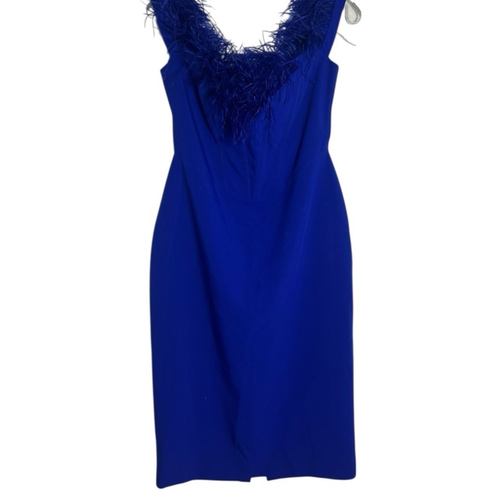 Chic Blue Feather-Accent Midi Dress - Elegant and Fun Wear - Size L - Picture 3 of 5